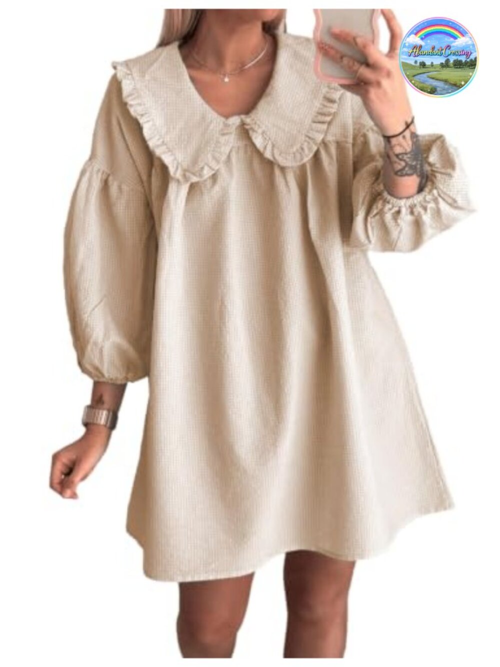 Women's Gingham Mini Dress 3/4 Puff Sleeve Babydoll Doll Collar